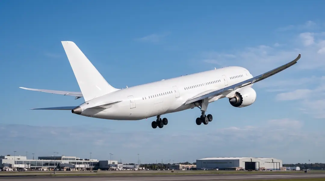 Wide-body aircraft climbing into a clear blue sky