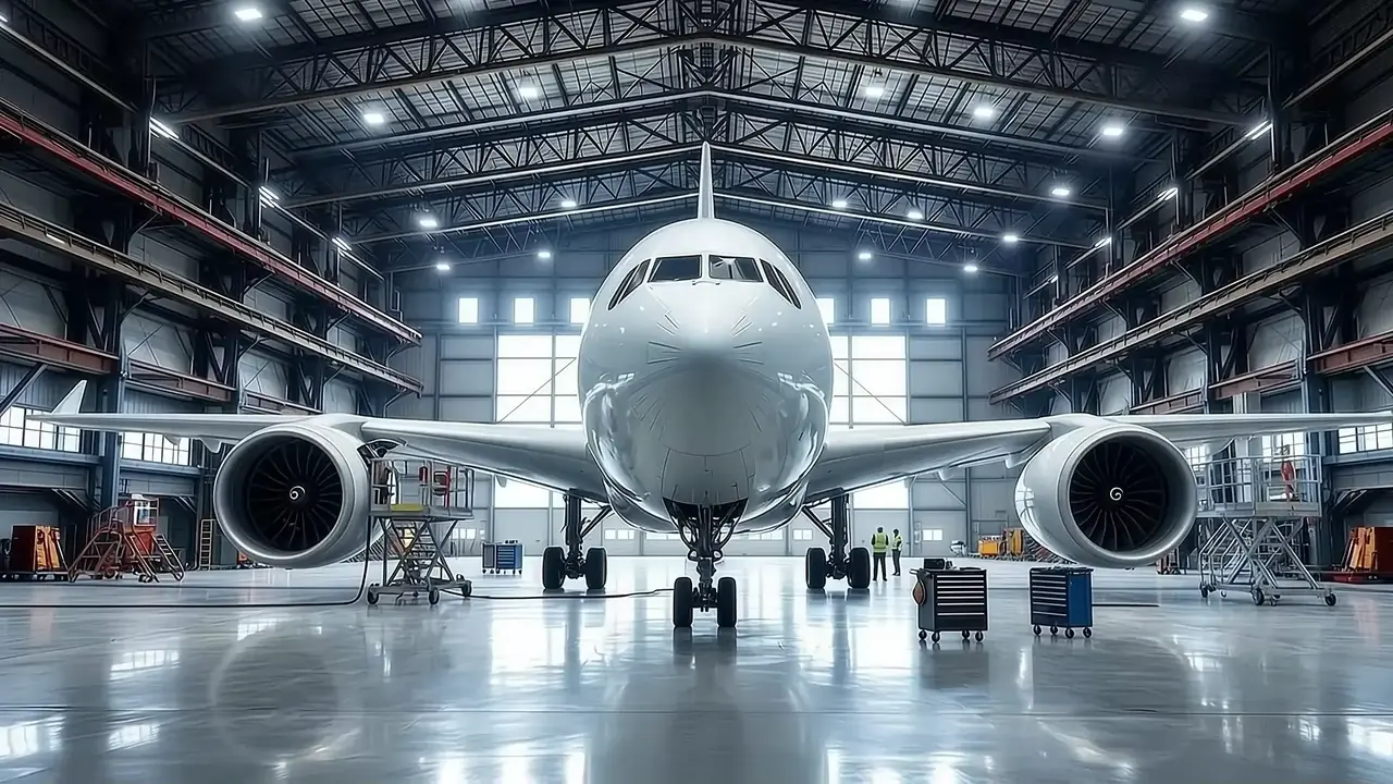 Wide-body aircraft parked nose-in inside the hangar