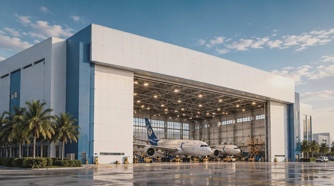 Wide-body aircraft parked inside an open maintenance hangar