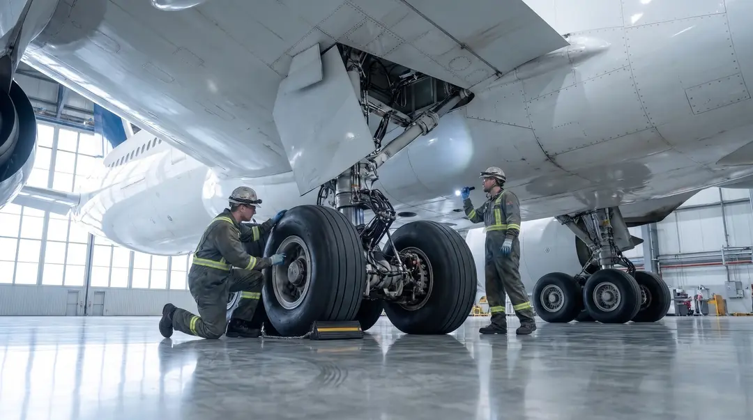 Main landing gear of a wide-body aircraft on the hangar floor