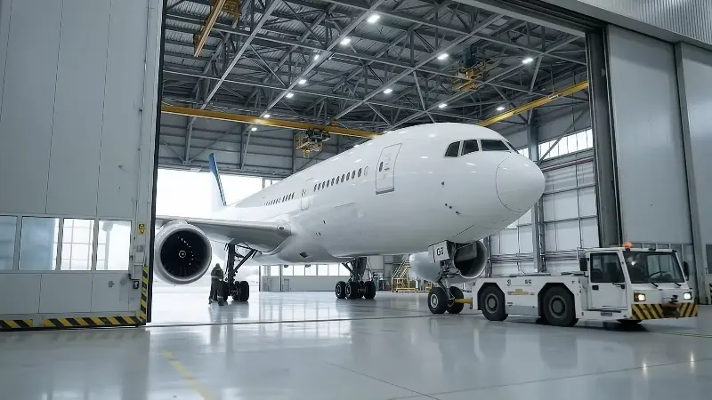 Tug towing a wide-body aircraft into the hangar bay